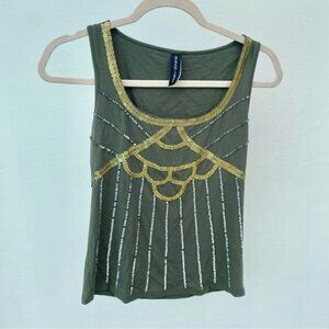 Y2K Mary Zaide Army Green Beaded Tank Top Size Small